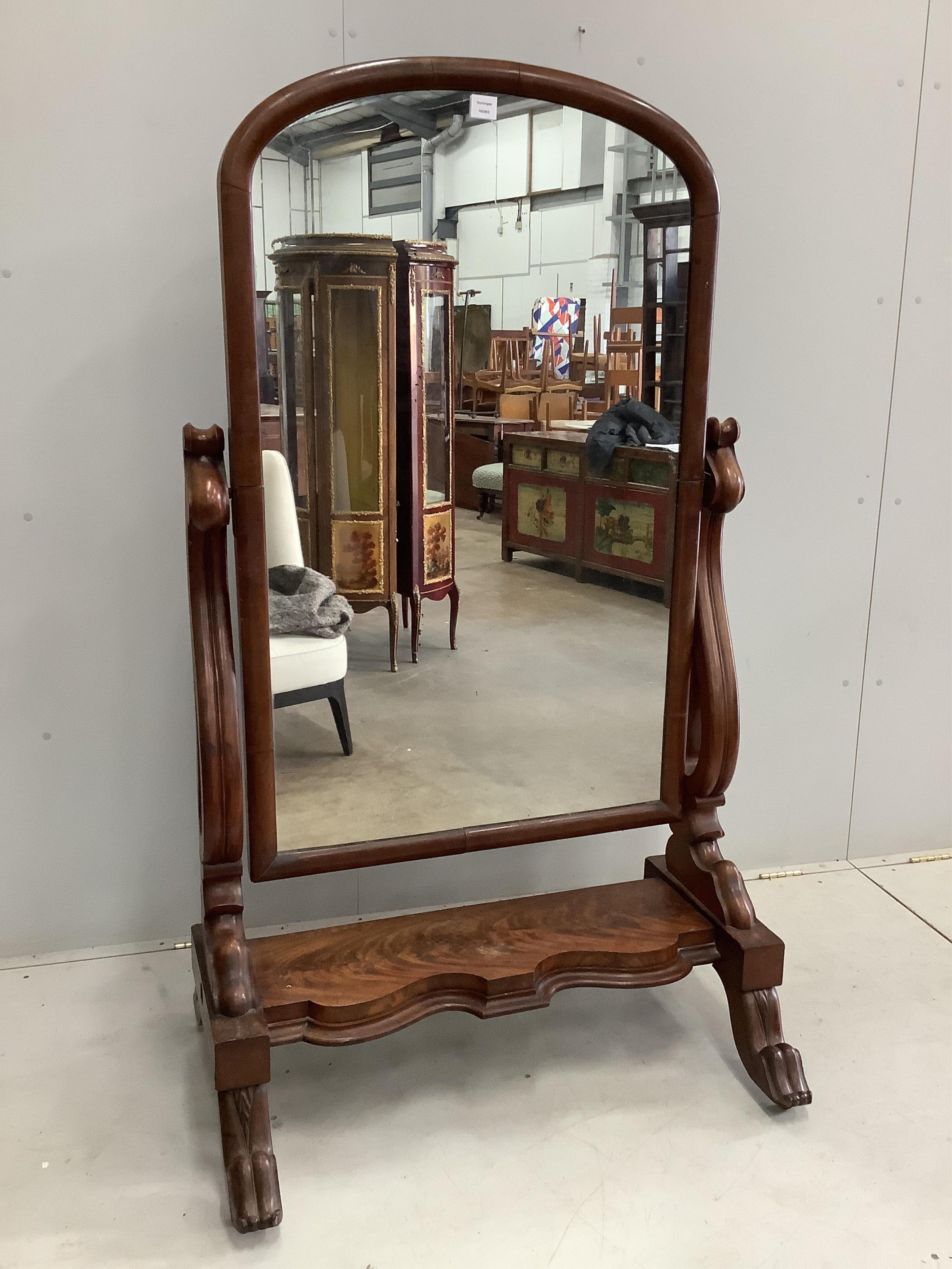 A Victorian mahogany cheval mirror, width 96cm, height 160cm
